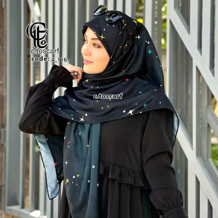 روسری نخی کاستوم طرح ستاره شب سرمه ای قواره بزرگ 140*140 دور دوخت