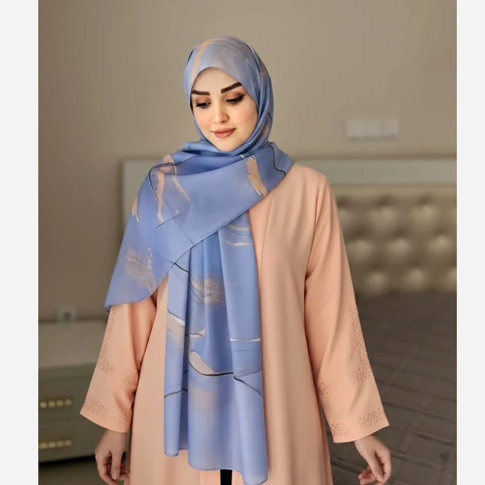 شال نخ کاستوم طرح دلناز آبی عرض 70 طول 2 متر دور چرخ دوز