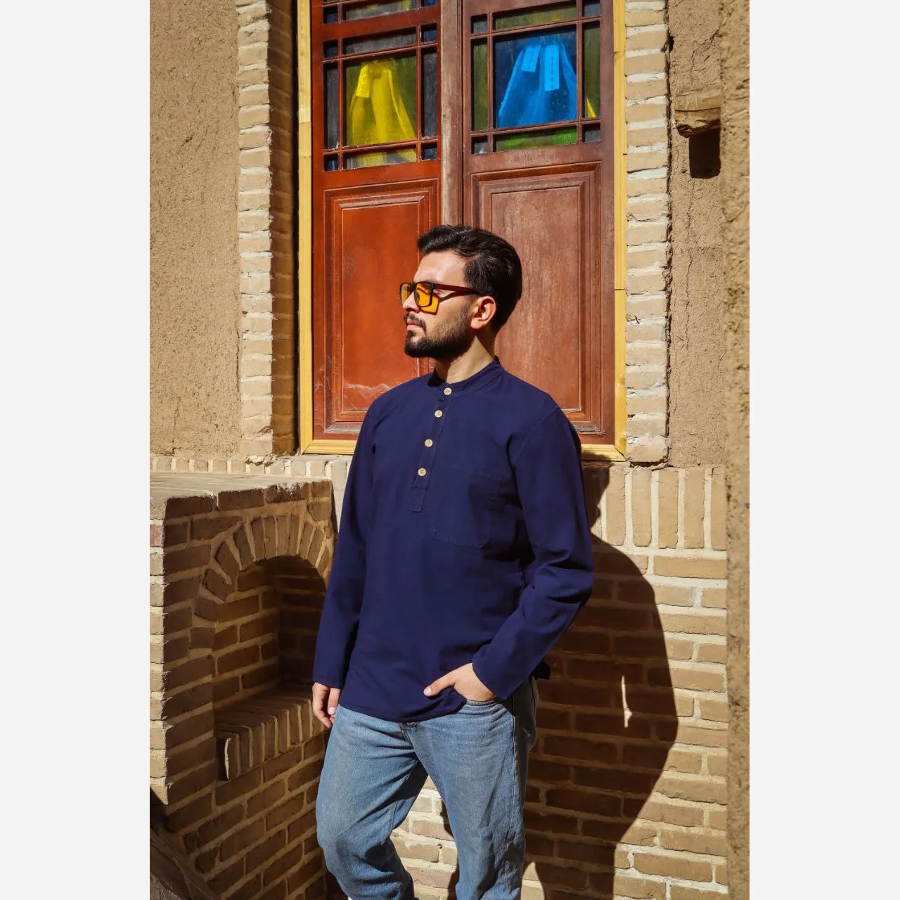پیراهن مردانه الیاف طبیعی 100 درصد پنبه مدل چهار دکمه رنگ سرمه ای