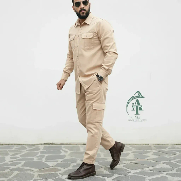 ست پیراهن و شلوار کتان مردانه مدل یاشیل رنگ نخودی