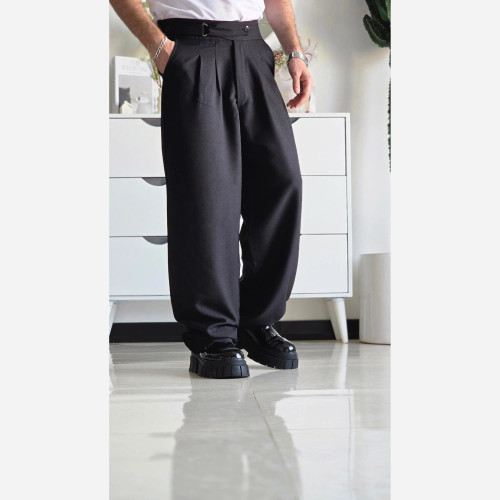 شلوار بگ پارچه ای کجراه مشکی کمر ایتالیایی پیله دار زنانه سایز L تا 3XL
