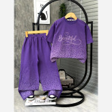 ست بلوز شلوار بگ دخترانه طرح Beautiful نخ پنبه لاکرادار سایز 50 تا 65