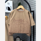 ست بلوز شلوار بگ دخترانه طرح Beautiful نخ پنبه لاکرادار سایز 50 تا 65