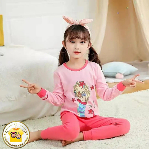 ست بلوز و شلوار راحتی دخترانه طرح پری دریایی جنس نخ پنبه سایز 3 تا 10 سال