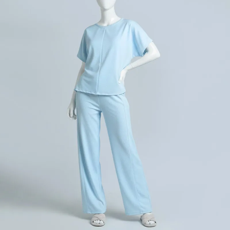 ست تیشرت آستین کوتاه و شلوار راحتی زنانه ویسکوز یقه گرد ساده آبی ملایم