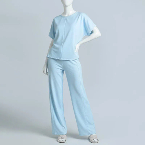 ست تیشرت آستین کوتاه و شلوار راحتی زنانه ویسکوز یقه گرد ساده آبی ملایم
