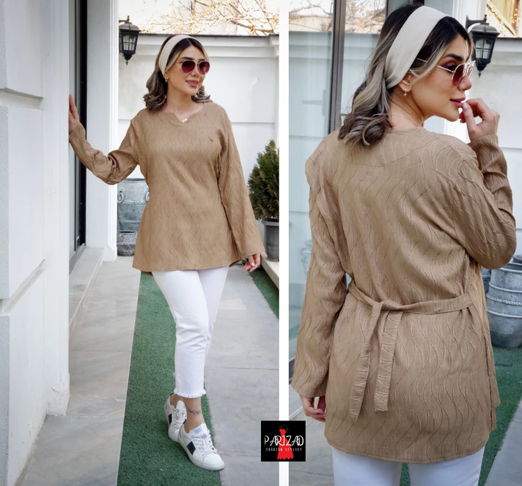 تونیک بهاره نخی طرح موجی کمربندی زنانه سایز 40 تا 46