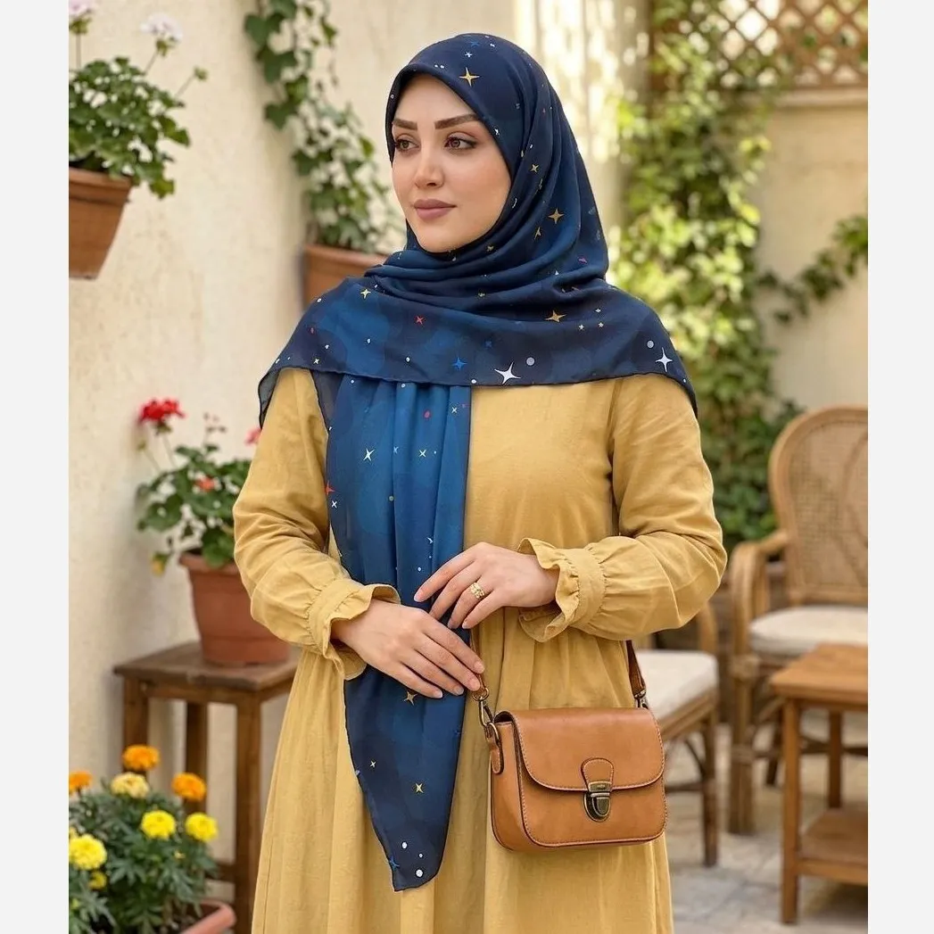 روسری نخی کاستوم طرح ستاره شب سرمه ای قواره بزرگ 140*140 دور دوخت
