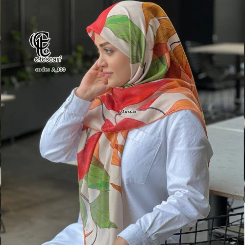 روسری نخ کاستوم قواره بزرگ 140 در 140 طرح رونیا نارنجی